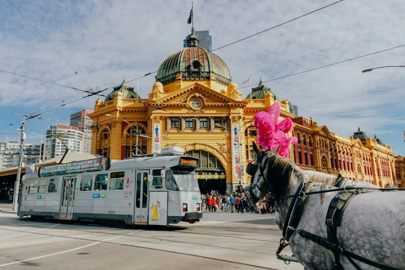 Flinders Street Station and a tram in Melbourne, Australia