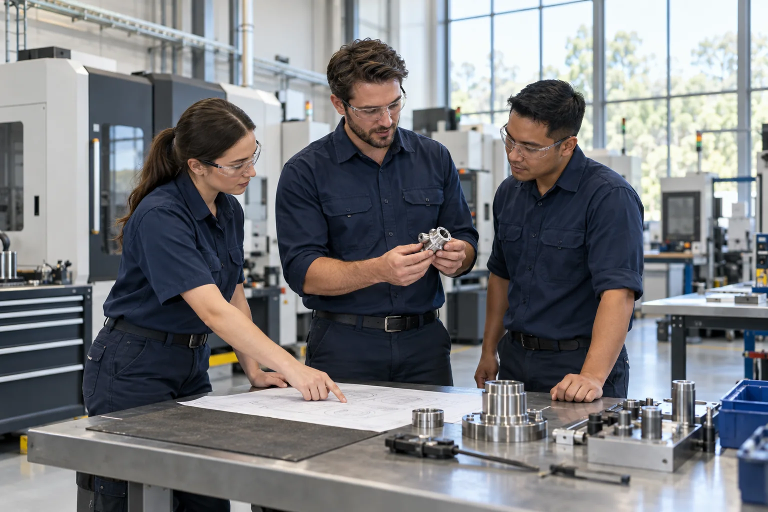 Engineering and technical colleagues reviewing manufacturing equipment