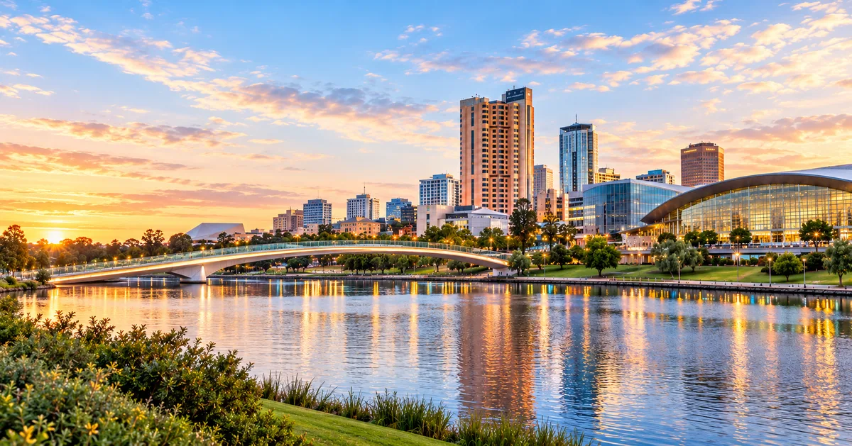 AI-generated illustration of Adelaide’s Riverbank skyline and River Torrens at sunset.